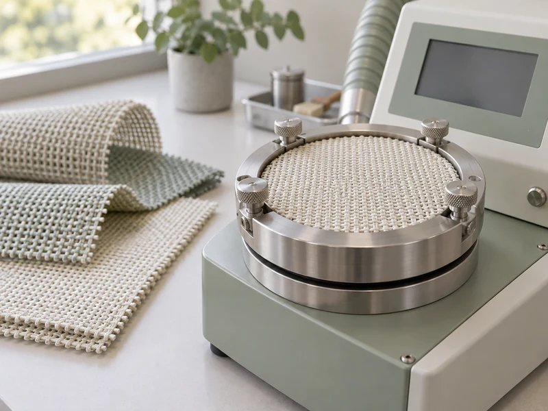 An air slide fabric specimen clamped in a laboratory permeability tester An air slide fabric specimen clamped in a laboratory permeability tester