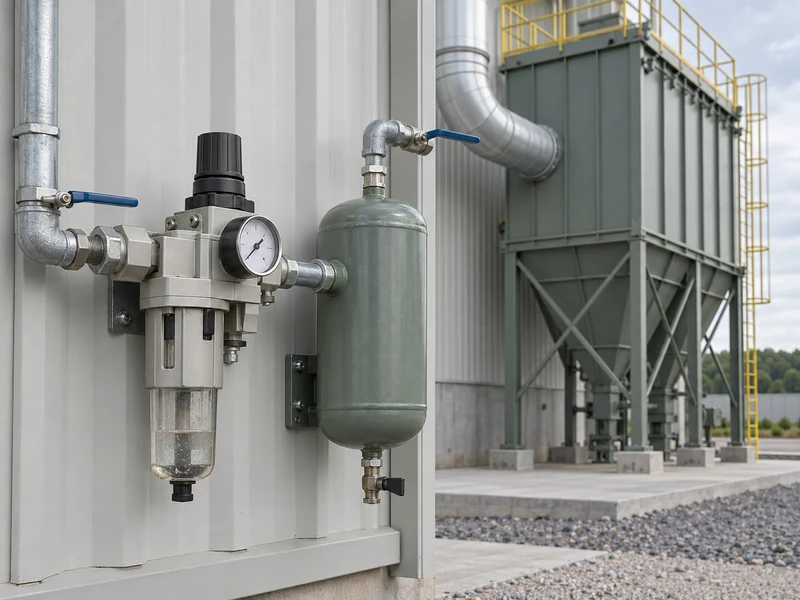 Compressed air treatment components beside a conceptual baghouse installation Compressed air treatment components beside a conceptual baghouse installation