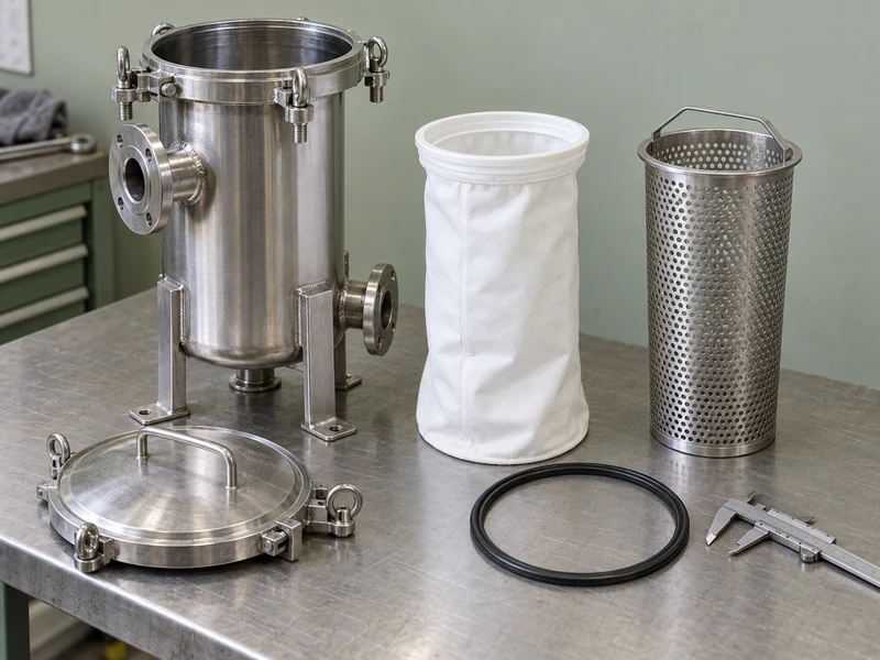 A liquid filter housing, bag ring, basket, and gasket arranged for inspection A liquid filter housing, bag ring, basket, and gasket arranged for inspection