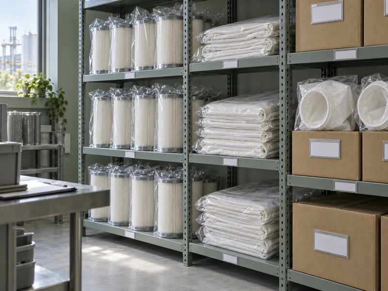Packaged filter cartridges and filter media organized in a spare parts storeroom Packaged filter cartridges and filter media organized in a spare parts storeroom