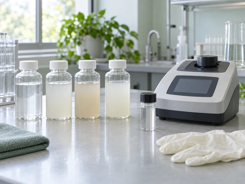 Liquid sample bottles and a laboratory meter prepared for filtration testing Liquid sample bottles and a laboratory meter prepared for filtration testing